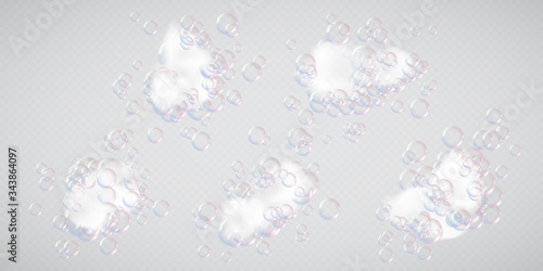 Soap foam white flakes with bubbles a realistic vector illustrations set, isolated design elements of bath shampoo or detergent fluffy foam for bathing, wash and cleaning themes