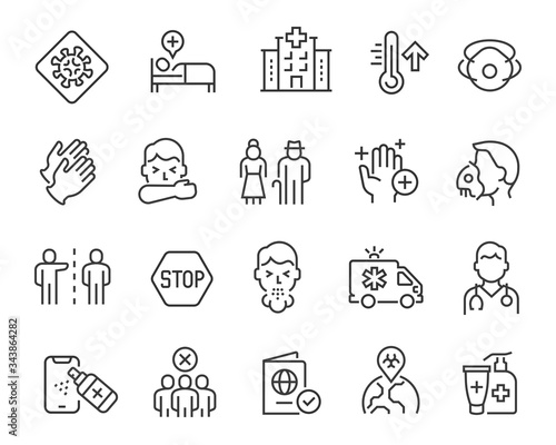 Flu and coronavirus icons set. Collection of linear simple web icons such as coronavirus infection, disease prevention, doctor, hospital, oxygen mask, symptoms, remedies, quarantine, etc. Editable