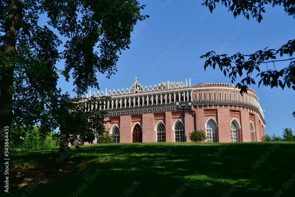 Red openwork building in the  tsaritsyno estate