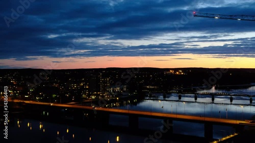 Umea River and bridges by night, Umea, Sweden