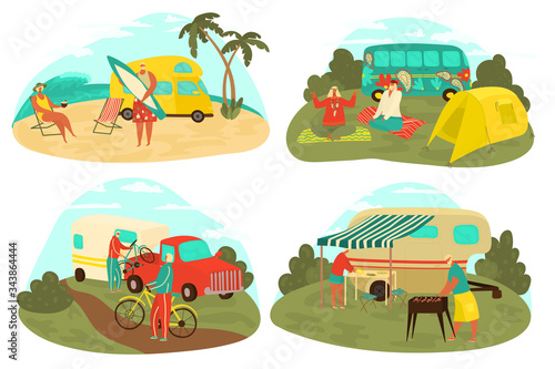 Grandparents travelling, eldery tourism, set of active lifestyle seniors hiking in nature, on sea vacation, bicycling travel flat isolated vector illustration. Grandfather and grandmother traveler.