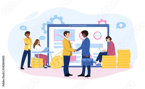 Reaping the rewards from a smart investment with two businessmen shaking hands in front of a laptop, working team and stacked gold coins, colored vector illustration with copy space for text