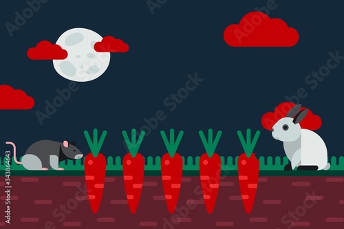 Small fluffy crop pests fruit, set vector illustration. Inhabitants field went outside at night, rabbit and rat came to eat carrot in garden. Vegetable sprout from ground, spoiling quality product.