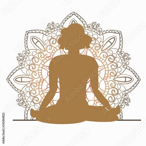 Yoga online. Sport at home. Silhouette of a girl on a background of mural Kalamkari. Can be used on the web to create business cards, banners and flyers. Illustration is isolated on a white background