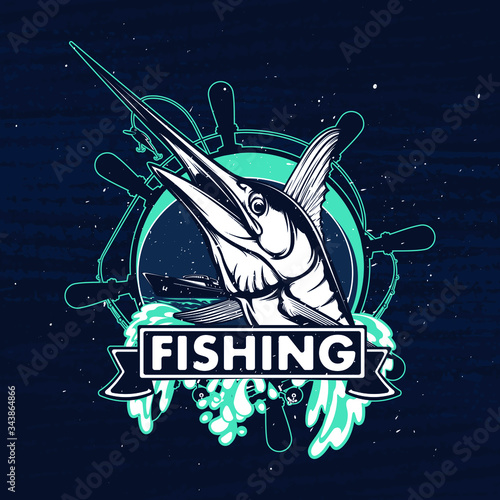 Marlin fish logo.Sword fish fishing emblem for sport club. Angry marlin fishing background theme vector illustration.