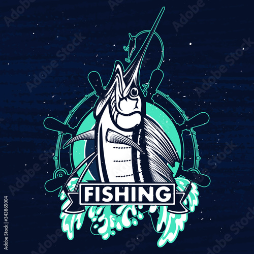 Marlin fish logo.Sword fish fishing emblem for sport club. Angry marlin fishing background theme vector illustration.