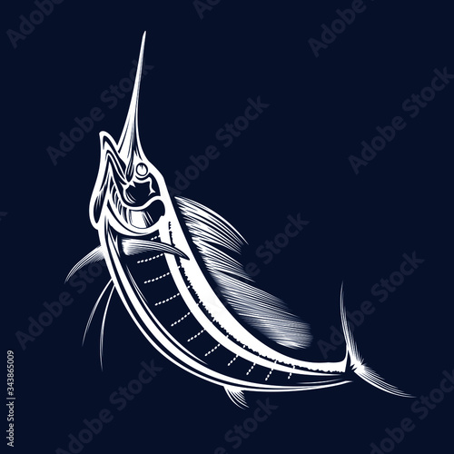 Marlin fish logo.Sword fish fishing emblem for sport club. Angry marlin fishing background theme vector illustration.