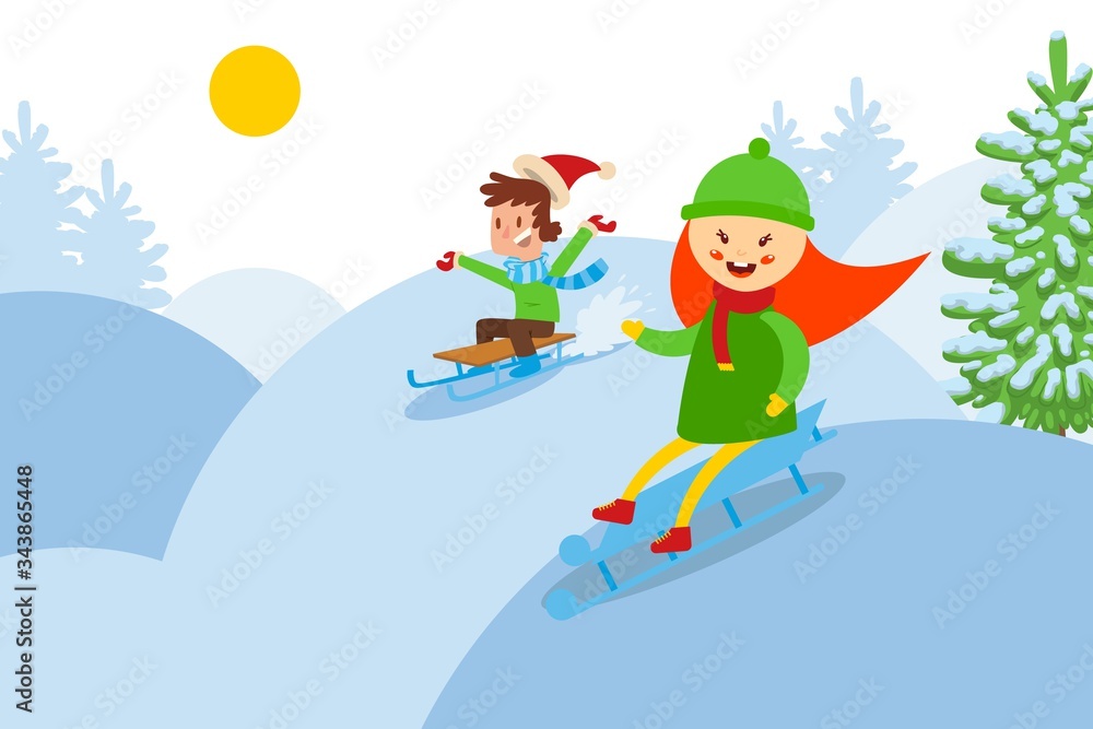 Downhill from a snowy mountain kids on sled flat vector illustration. Friends character in a warm hat and sweater playing in snow. Cartoon boy and girl mountain race in cold winter. Downhill from a snowy mountain kids on sled flat vector illustration. Friends character in a warm hat and sweater playing in snow. Cartoon boy and girl mountain race in cold winter.