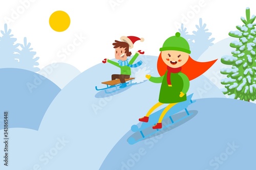 Downhill from a snowy mountain kids on sled flat vector illustration. Friends character in a warm hat and sweater playing in snow. Cartoon boy and girl mountain race in cold winter.