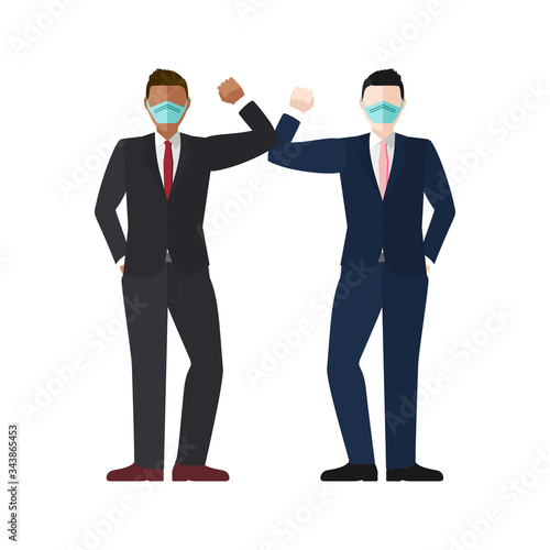 Elbow bump greeting concept vector of two well dressed businessmen wearing masks with copy space for COVID-19 coronavirus prevention