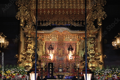 Altar inside Sensoji Temple, Asakusa. "三界萬霊(Sankai Manrei)" is a Japanese Buddhism spell that prays for the souls of the three worlds.