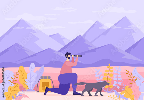 Traveler with Telescope and Dog in Nature