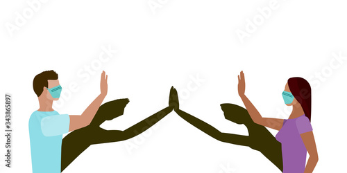 Social distancing greeting concept vector where two people high five at a distance but their shadows touch to prevent spread of COVID-19 coronavirus pandemic