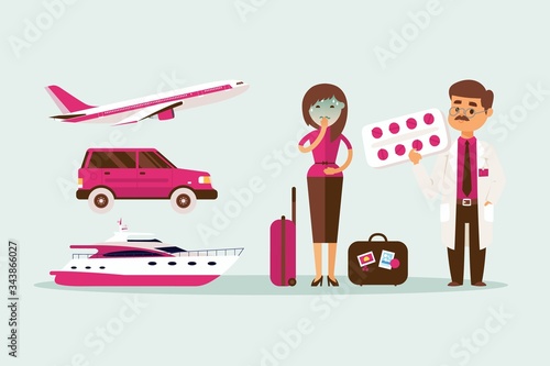 People motion sickness while traveling in transport vector illustration. Pale girl with luggage near car, plane and yacht, nausea. Man character doctor offer pills for well-being on trip.