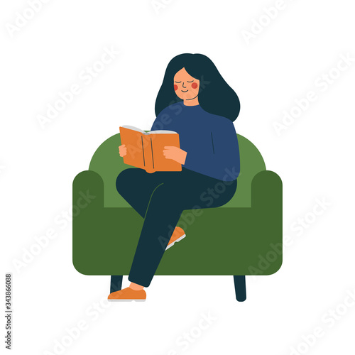 The thoughtful smiling woman is reading a book and enjoying time to yourself at home. Happy girl is sitting and resting with a book on the sofa. Vector illustration in flat style.