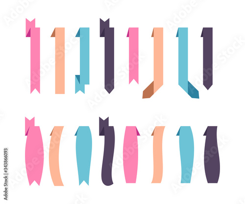 Set of flat tape banners for web design. Vertical colors ribbons of different shapes on white. Vector illustration