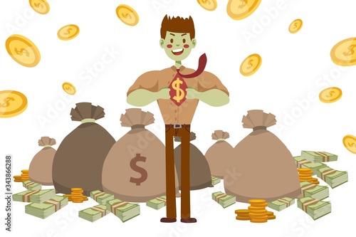 Superhero strong businessman with green skin, vector illustration. Guy in shirt and t-shirt with drawn dollar sign. Bag money earned, super strong cartoon bank employee behind character.