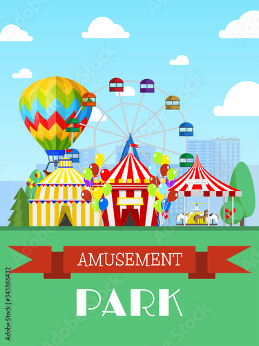 Amusement park and circus tent, ferris wheel flat vector illustration. Entertainment show, promotional invitation card. Spectacle children carousel awning design banner for website.