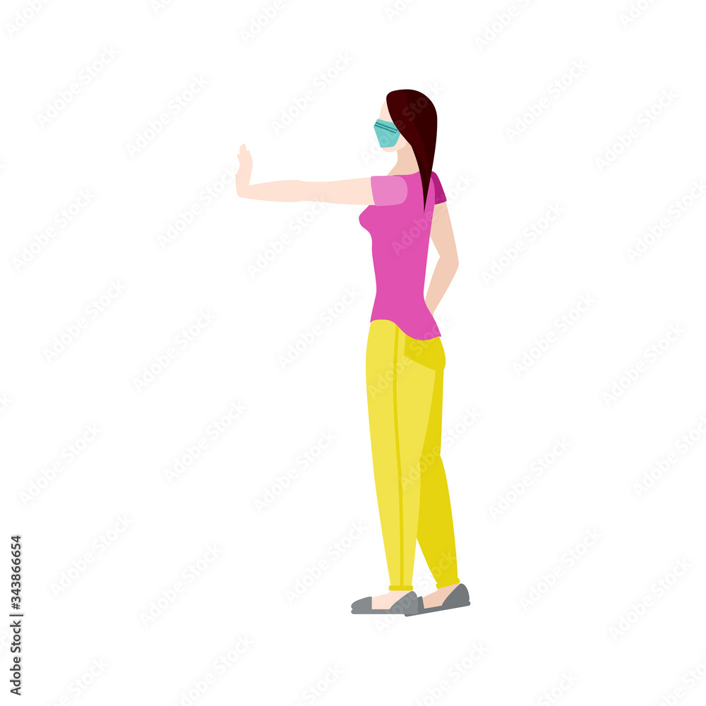 A woman stands with arms stretched out to maintain social distancing while wearing a mask for COVID-19 coronavirus prevention A woman stands with arms stretched out to maintain social distancing while wearing a mask for COVID-19 coronavirus prevention