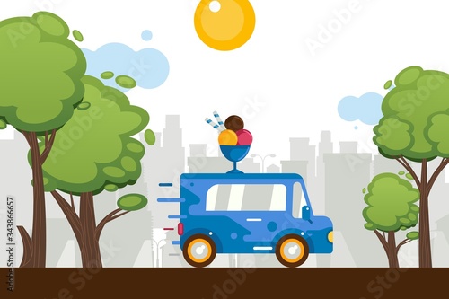 Ice cream sweets van move around town, vector illustration. On car roof figure with cartoon ice cream scoops in bowl. Store on wheels hurries to customers by city road, portable sale.