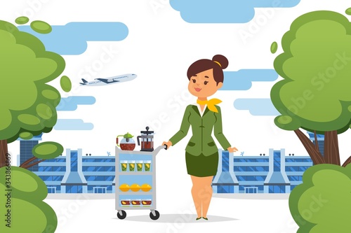 Stewardess with brewed tea on wheelbarrow vector illustration. Airport service, girl in uniform offers drinks poured in glasses. Comfortable trip on plane, delicious tea on aircraft board.