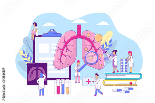 Pneumonia lungs disease, vector illustration. Respiratory organ illness, medical diagnosis, treatment by professional doctor. Virus prevention, characters care patient lungs, injections, fluorography.