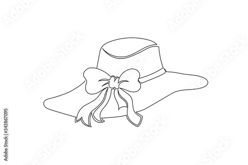 Summer women's hat with a bow. The concept of summer vacation. An illustration in a minimalistic style drawn with a single solid continuous line.