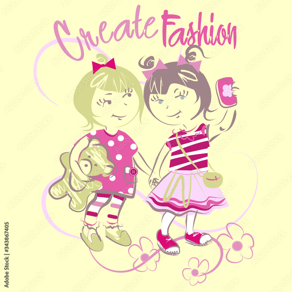 Pretty little fashion girls vector character illustration. Create fashion collection Pretty little fashion girls vector character illustration. Create fashion collection
