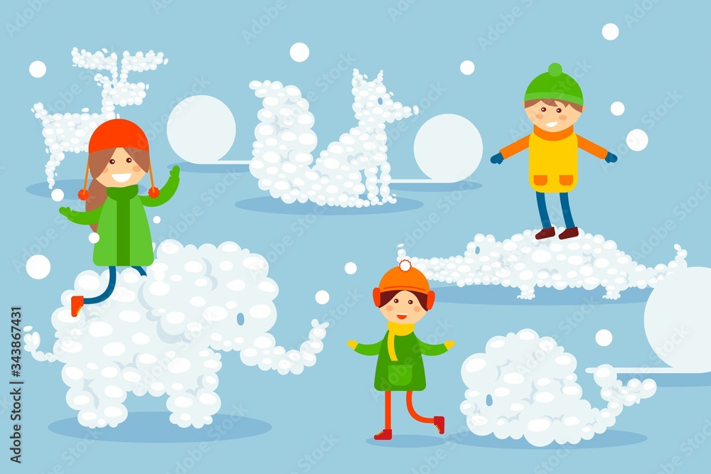 Kids have fun and dream, flat vivid imagination vector illustration. Girls and boy ride snow made wild animals. Elephant, crocodile and whale lie next to happy character with scarf. Kids have fun and dream, flat vivid imagination vector illustration. Girls and boy ride snow made wild animals. Elephant, crocodile and whale lie next to happy character with scarf.