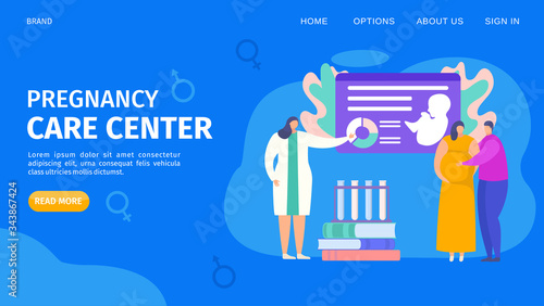 Pregnancy care center template webpage, vector illustration. Study appointment in special clinic for future parents. Doctor talks about child pregnant woman, husband. Childbirth medical course.