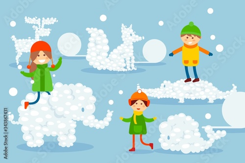 Kids have fun and dream, flat vivid imagination vector illustration. Girls and boy ride snow made wild animals. Elephant, crocodile and whale lie next to happy character with scarf.
