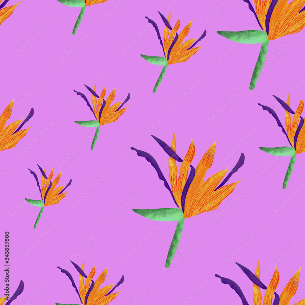 Orange and violet strelitzia on pink background. Tropical flower print. Seamless pattern. Packaging, wallpaper, textile, fabric design Orange and violet strelitzia on pink background. Tropical flower print. Seamless pattern. Packaging, wallpaper, textile, fabric design