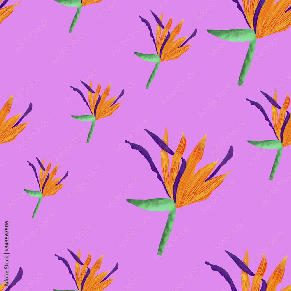 Orange and violet strelitzia on pink background. Tropical flower print. Seamless pattern. Packaging, wallpaper, textile, fabric design