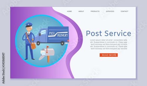 Post service letters and parcels delivery web template with postal car, postman cartoon vector illustration. Post office service webpage or landing.