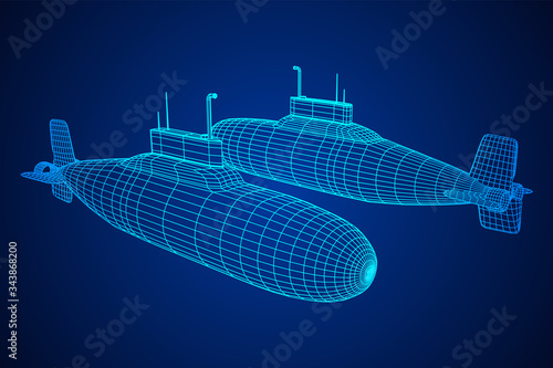 Military atomic submarine underwater boat. Wireframe low poly mesh vector illustration