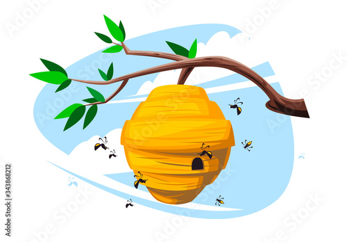 Vector illustration of a tree branch, with a bee hive, bees fly