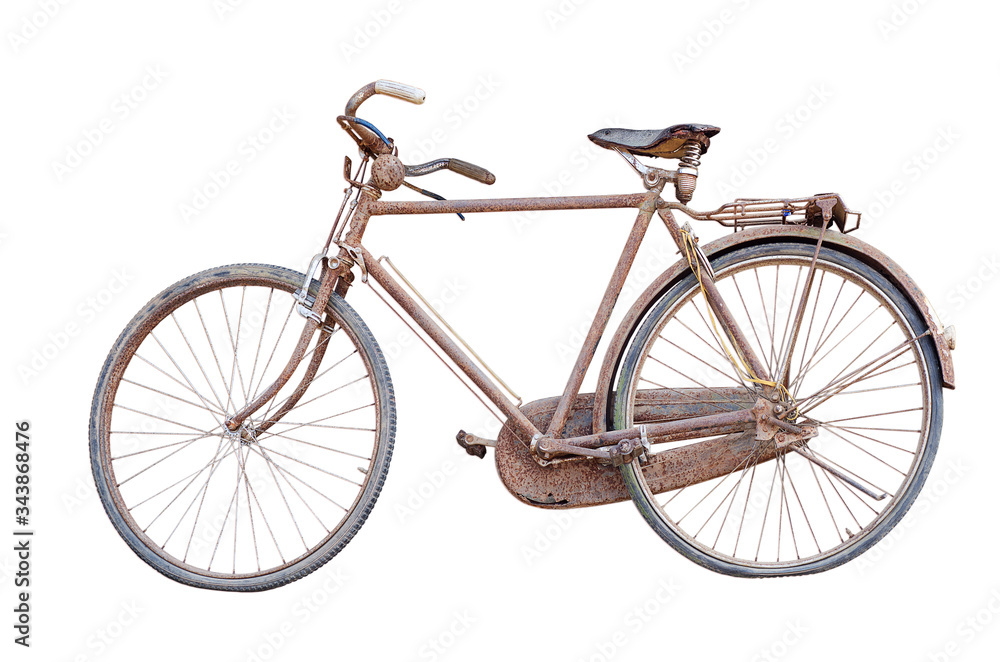 Retro rusted tbicycle isolated on white background. Aged and flat tyres bike.