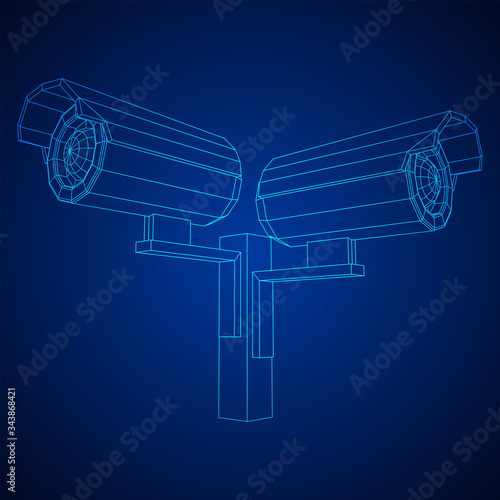 Modern video camera. Webcam viewing area. Safety, security concept. Wireframe low poly mesh vector illustration.