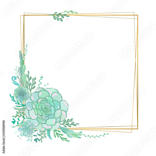Vector floral frame with succulents. Elegant golden square frame with succulent flowers. Wedding invitation template. 