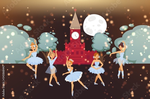 Attraction Kremlin and Russian ballet in europe, vector illustration. Graceful dancers character in tutus dance on Red Square, snowing. Ancient cartoon building at night in moonlight.