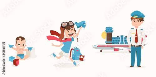 Dream job, guy from childhood loved airplane, set vector illustration. Kid playing with dice, paper plane. Boy character fantasize himself as pilot, adult man worker in uniform at airport flat banner.