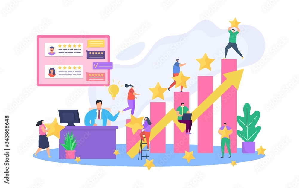 Rating at work, best employee vector illustration. success working, achievement best active workers. Chart with golden stars and company colleague, boss evaluate coworker character ideas. Rating at work, best employee vector illustration. success working, achievement best active workers. Chart with golden stars and company colleague, boss evaluate coworker character ideas.