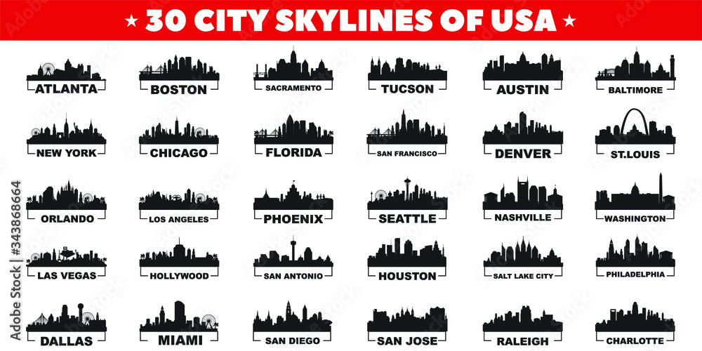 30 city skyline silhouettes of United States of America vector design - obrazy, fototapety, plakaty 