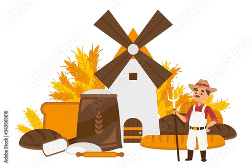 Bread manufacturing steps set vector illustration. Wooden mill grinding wheat into flour cartoon. Man character with pitchfork, agricultural worker. Bread loaves, rolling pin, bag flour.