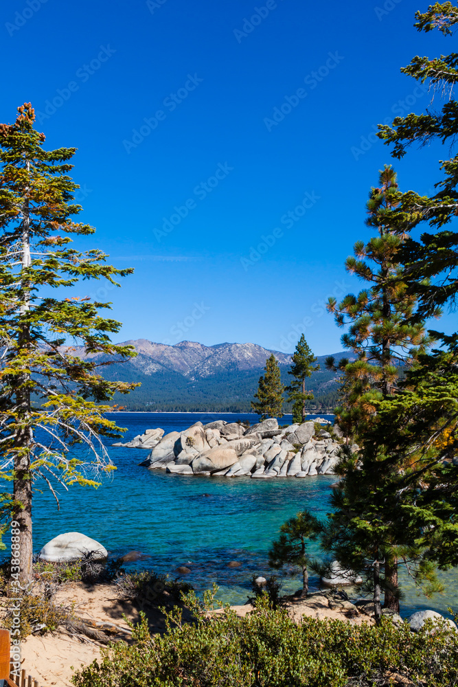 Framed View of The Clear Water Of Lake Tahoe at Rocky Cove, Sand Harbor, Lake Tahoe, Nevada, USA