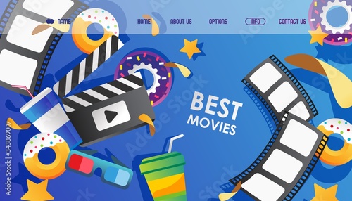 Cinema, beast movies web site set vector illustration. Landing page film strip, 3D glasses for watching and movie clapper. Cartoon stars to rate film. Snack for viewing, donuts and drinks.