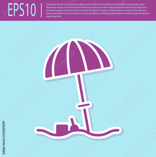 Retro purple Sun protective umbrella for beach icon isolated on turquoise background. Large parasol for outdoor space. Beach umbrella.  Vector Illustration