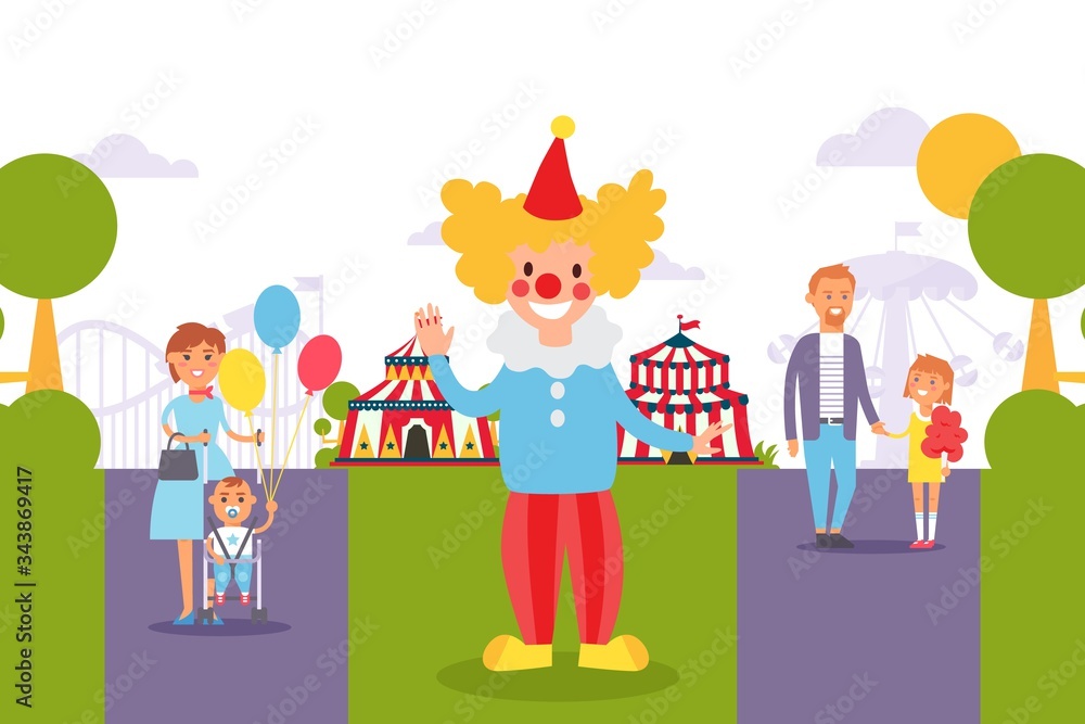 Flat people family at city festival. Clown entertain children with parents on holiday vector illustration. Attractions, circus tent, roller coaster at event. Mom with small son, father and daughter. Flat people family at city festival. Clown entertain children with parents on holiday vector illustration. Attractions, circus tent, roller coaster at event. Mom with small son, father and daughter.