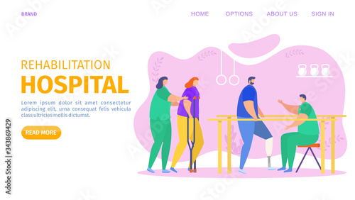 Rehabilitation hospital, clinical center landing vector illustration. People physical injuries therapy to restore health in gym. Nurse help woman on crutches, specialist work with man with prosthesis.