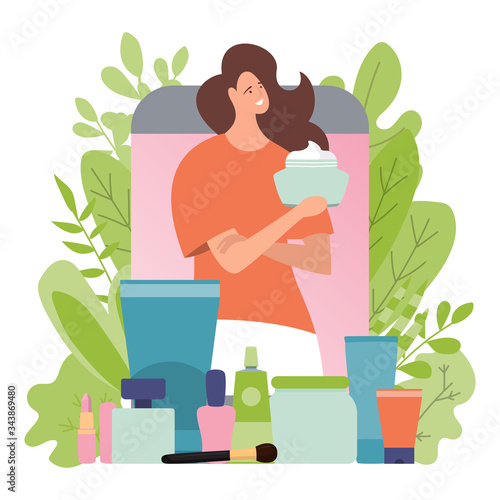 Beauty blog, woman blogger and cosmetics vector illustration design. Makeup stream for glamorous girls leading trendy lifestyle. Cartoon style image. Vlogger information streaming. Isolated on white